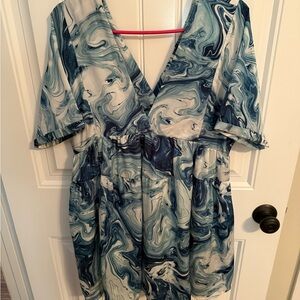 Blue Marble Print V-Neck Dress